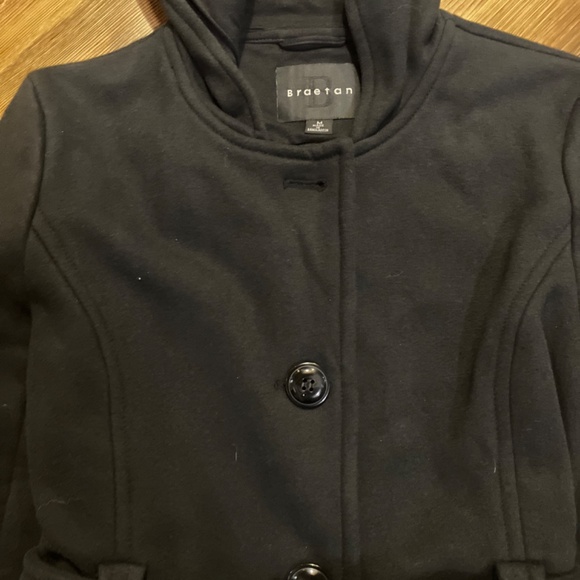 Braetan Womens Medium Cotton Blend Black pea Coat with Tie - Picture 2 of 10